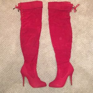 Thigh high red suede like boots-lace up cuffs